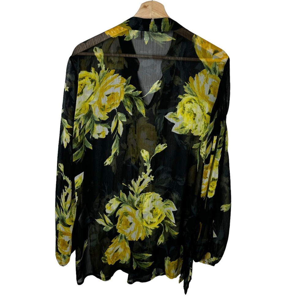Susan Graver tunic shirt top women's Sz L Black Yellow Floral V-neck Long sleeve